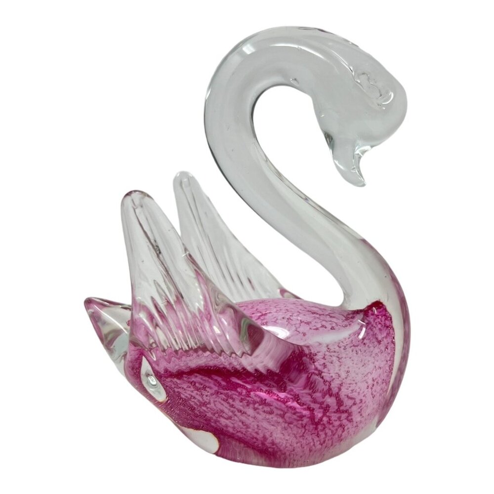 Fused Handblown Glass Swan Figurine Pink Clear Decorative Collectible Art Piece